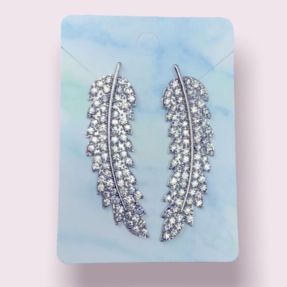 Silver Crystal Rhinestone Leaf Post Earrings - Picture 1 of 8